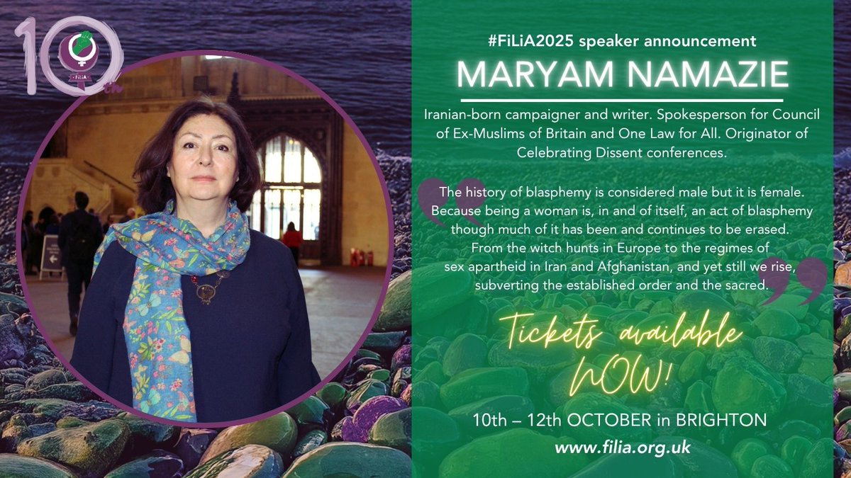 FiLiA_charity's tweet image. 📢 #FiLiA2025 speaker news! 📢
@MaryamNamazie, Iranian-born campaigner & writer, spokesperson for @CEMB_forum & @One_Law_for_All & originator of #CelebratingDissent conferences will be speaking at #FiLiA
🎟️ filia.org.uk/tickets
#WomanLifeFreedom #WomensRevolution #Iran