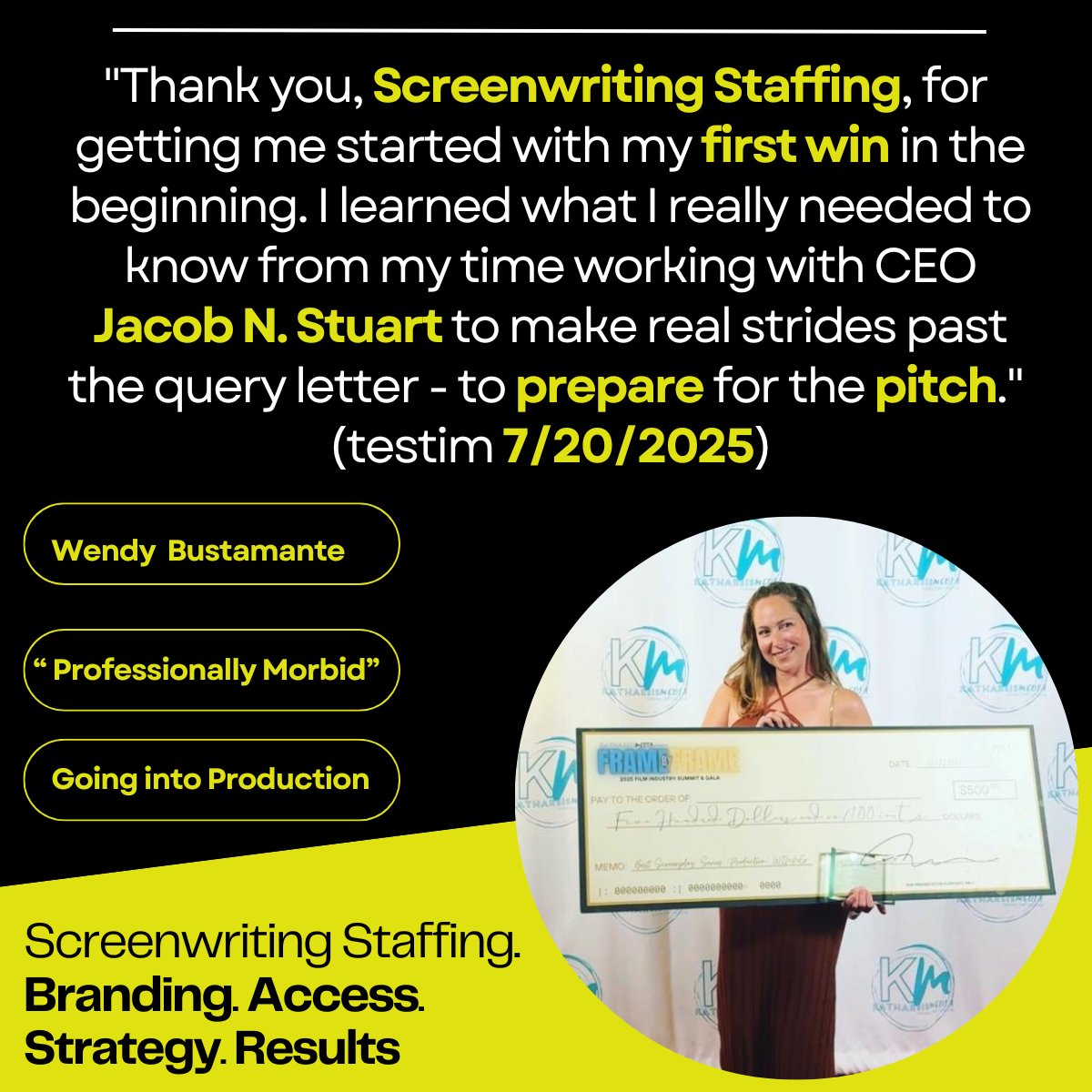 Wendy Bustamante’s script Professionally Morbid is heading into production.

Her journey began with Screenwriting Staffing’s consultation, working 1-on-1 with @jacobnstuart to develop her early work.

📢  Join our  Dev Program: screenwritingstaffing.com/speedy-script-…

DM us to read her scripts
