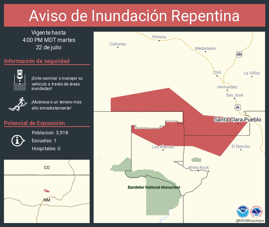 NWSAlbuquerque's tweet image. Aviso de Inundación Repentina incluye Santa Clara Pueblo NM hasta las 4:00 PM MDT
