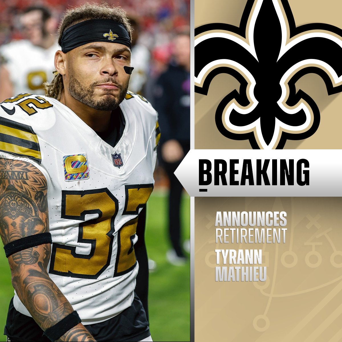 NFL's tweet image. Tyrann Mathieu announces his retirement from the NFL after 12 seasons.