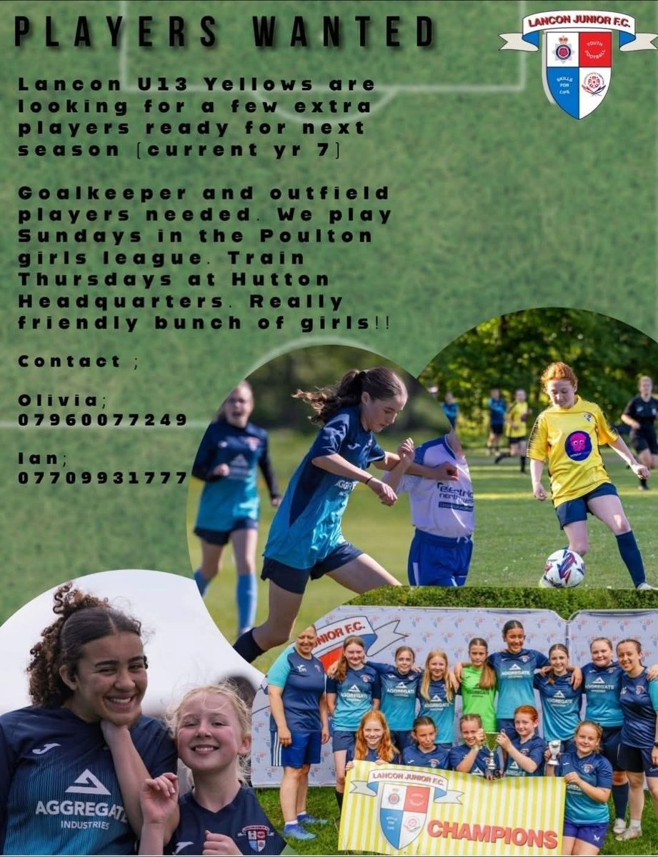 We are recruiting!

U13s girls football team, 
(Current Year 6&amp;7).
Very friendly team.
Great coaches.
Based South Ribble/ Preston area.

See contacts below.
⚽️⚽️⚽️
<a href="/JfcLancon/">Lancon JFC</a> 
<a href="/LancashireFA/">Lancashire FA</a>
<a href="/pdpl/">pdpl</a> 
#grassrootsfootball 
#girlsfootball 
#lanconforlife

<a href="/England/">England</a>
#Lionesses