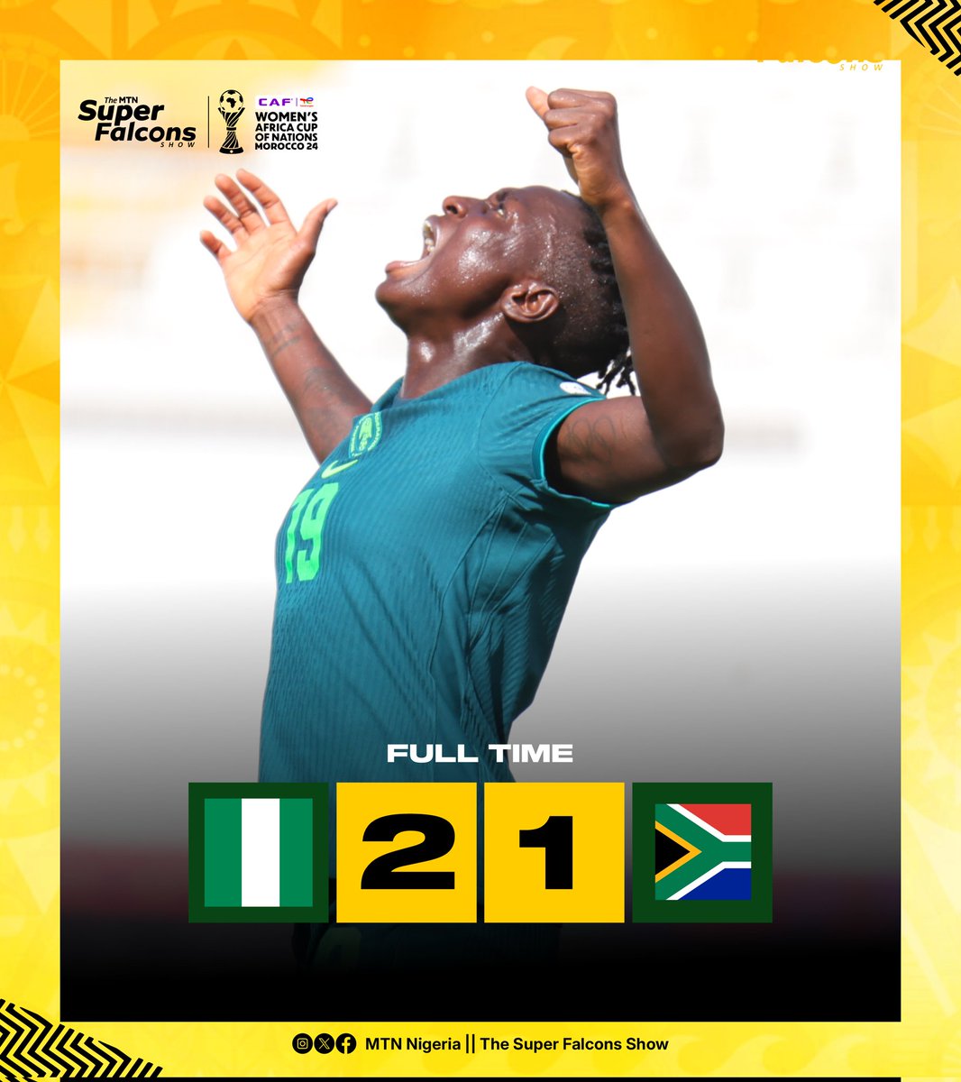 FULL-TIME | Casablanca 

🇳🇬 Nigeria 2-1 South Africa 🇿🇦

Rasheedat Ajibade ⚽ &amp;Michelle Alozie' ⚡ fire the Super Falcons into the WAFCON 2024 Final! 💥🔥

One game away from the 10th crown! 👑

#SoarSuperFalcons #WAFCON2024 #MissionX #SuperFalconsFor10 #NGARSA