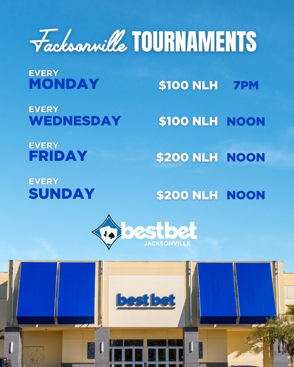 bestbet_jax's tweet image. Tournaments every Monday, Wednesday, Friday, and Sunday at bestbet Jacksonville! 🃏 There’s always a seat waiting—are you in?
#bestbetJAX #JAX #PokerTournaments #FloridaPoker #JacksonvillePoker #PlayToWin