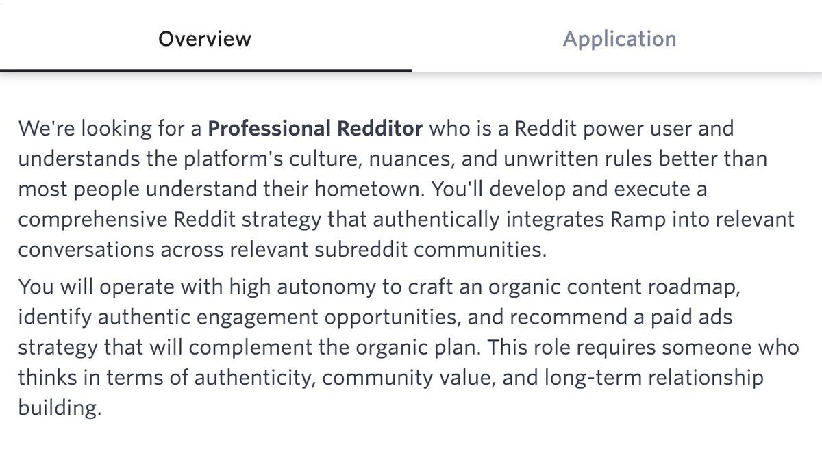MorningBrew's tweet image. Can't make it up—Ramp is hiring for a "Professional Redditor"
It wants a "Reddit power user" with marketing experience in fintech, B2B SaaS, or corporate finance tools
Applicants also have to show proof of a Top 1% commenter badge or similar award