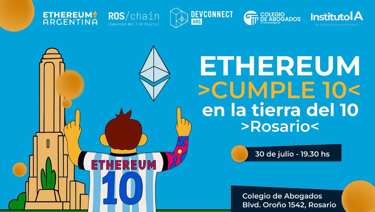 Ethereum cumple 10 años y nosotros lo festejamos en la tierra del 10 🎂🎉

Seguimos visitando ciudades y llevando Ethereum por toda la Argentina en nuestro camino hacia <a href="/EFDevcon/">Devconnect ARG</a>. En esta ocasión visitamos Rosario y lo hacemos con <a href="/0xRoschain/">Roschain</a> como Co-Host. 
Este 30 de julio