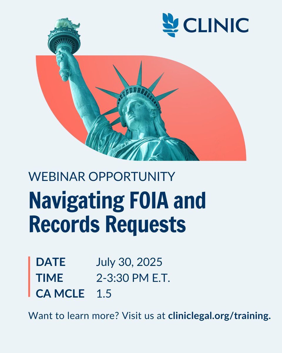 cliniclegal's tweet image. Join CLINIC for a webinar that will cover where to find the facts you need in order to counsel your client. It will cover how to make FOIA requests, how to obtain FBI background checks and criminal records, as well as how to interpret these records.
🔗 cliniclegal.org/training/webin…