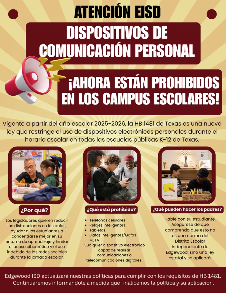 📵 New Law Alert: TX HB 1481 Starting this school year, students can't use personal devices during the school day on campus.

✅ Exceptions: IEPs, medical needs 
✅ EISD policy updates in progress