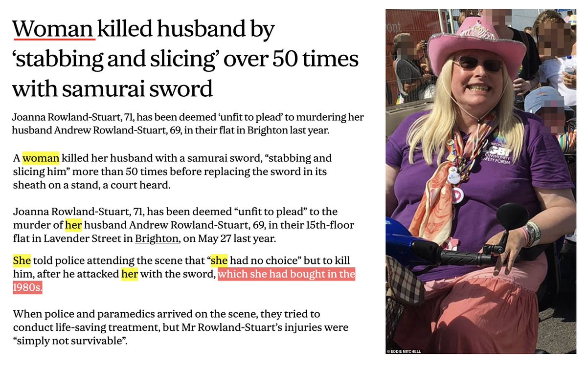 SwipeWright's tweet image. The story refers to the murderer as a "woman," uses feminine pronouns throughout, and includes no photos.
There were, however, a few clues that the murderer was actually a man, like the fact that no woman has ever purchased a samurai sword.