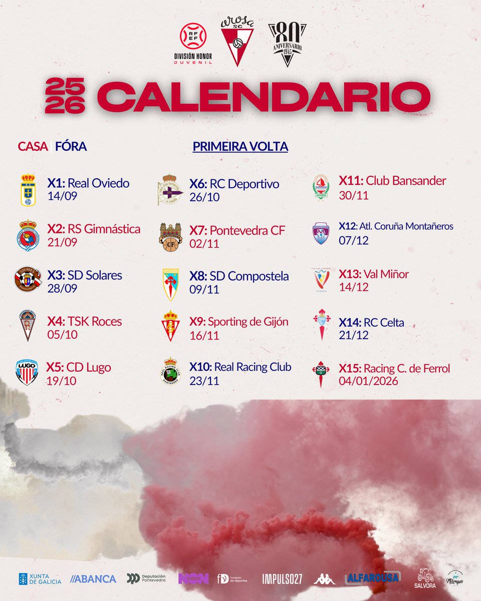 ArosaSCOficial's tweet image. 📅 O noso Xuvenil A xa coñece o seu calendario de partidos para esta #DivisiónDeHonor! 

💪🏼 Comezamos fóra da casa o 14 de setembro. 

#ForzaArosa #ArosaSC