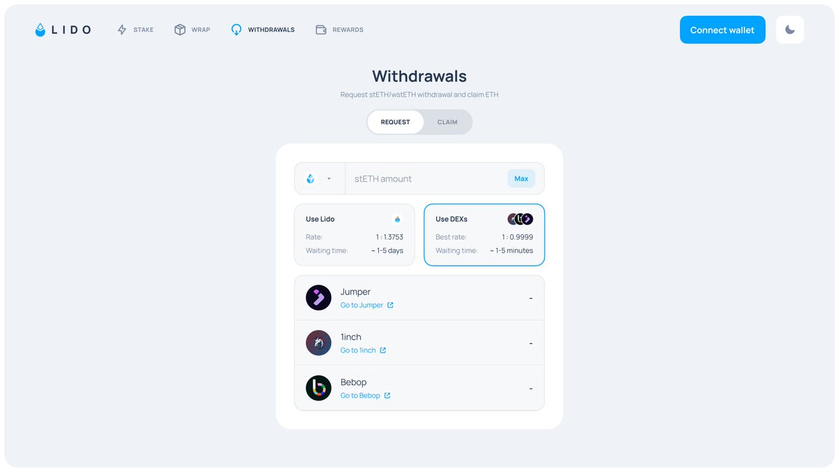 Introducing the newest Lido withdrawal aggregator: @JumperExchange ⚡ Skip  the Ethereum withdrawal queues with instant swaps between stETH/wstETH and  ETH using Jumper Exchange. 👇