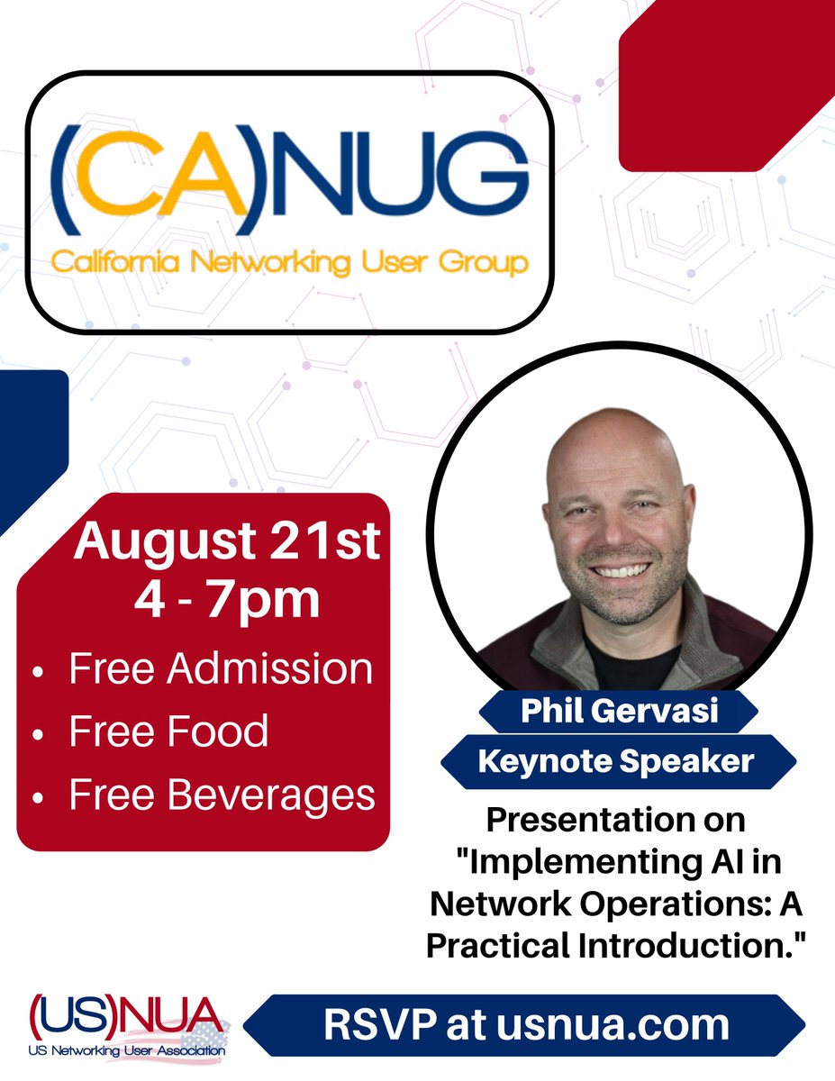 Phil Gervasi (@network_phil) on Twitter photo Join me in San Francisco August 21 for the first (CA)NUG  - the first chapter of the <a href="/us_nua/">(US)NUA</a> is that area!
I'm presenting on practical use cases & implementations of AI in NetOps! 
A free event with free food and drinks so register here today ----> usnua.com/canug-inaugura… Join me in San Francisco August 21 for the first (CA)NUG  - the first chapter of the <a href="/us_nua/">(US)NUA</a> is that area!
I'm presenting on practical use cases & implementations of AI in NetOps! 
A free event with free food and drinks so register here today ----> usnua.com/canug-inaugura…