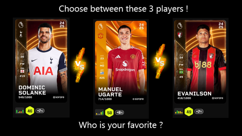 New Sorare Giveaway ! 🎁
You have chosen the Premier League!

Pick between these 3 PL players. 
You have a favorite ?

To enter :
1⃣Like &amp; Retweet 
2⃣Follow me on the Sorare platform (SuperFootix)
3⃣Sorare Manager name in comment 

⏳Sunday 27th July 8pm
@sorare #giveaway #sorare