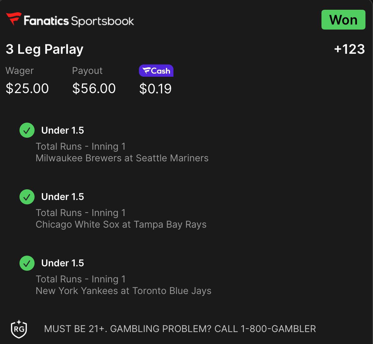 MY ALT LINE NRFI PARLAY CASHES AGAIN 🔥

THREE WINNERS IN A ROW!!!!!!!!

✅ Saturday: $25 won $60
✅ Sunday: $25 won $50
✅ Monday: $25 won $56

All using games from my NRFI Model &amp; combining them with Fanatics alt lines…

HIT ❤️ IF YOU WANT ONE TODAY!!!