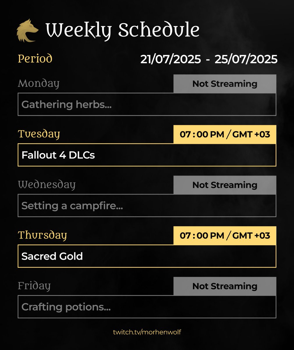 Schedule is on. Also, we have a Discord server once again. 

If interested, send me a DM on Twitch or Discord and I'll send you an invite. 

See you tonight on stream!