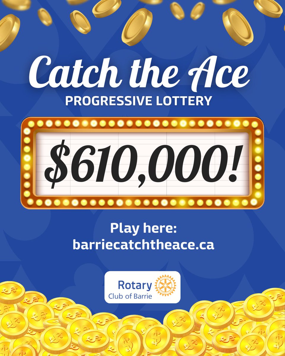 🎉 The Catch the Ace jackpot is now over $610,000!
$5 could change your life and support our community at the same time. Will YOU Catch the Ace?

🎟️ Grab your ticket: barriecatchtheace.ca/?utm_source=tw…

#RotaryClub #Barrie #CatchTheAce