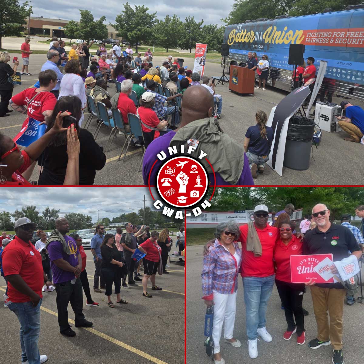 D4CWA's tweet image. America’s labor movement is hitting the road! Last week the @AFLCIO #BetterInAUnion bus tour stopped in Michigan at @UAW Region 1. @CWAUnion was proud to stand with workers demanding fairness and economic justice. #CWAStrong @MIAFLCIO