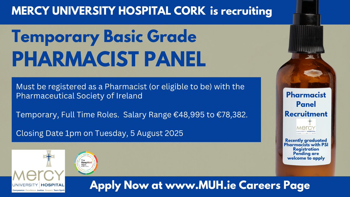 DeeORiordan8's tweet image. 💊💊 #Pharmacists! @Mercycork recruiting for a Temp #Pharmacist Panel (Basic Grade).

You must be registered (or reg pending) as a Pharmacist with Pharmaceutical Society of Ireland (#PSI). 

See details: api.occupop.com/shared/job/tem…

#hsejobs #BScPharmacy #MPharm #MScClinicalPharmacy