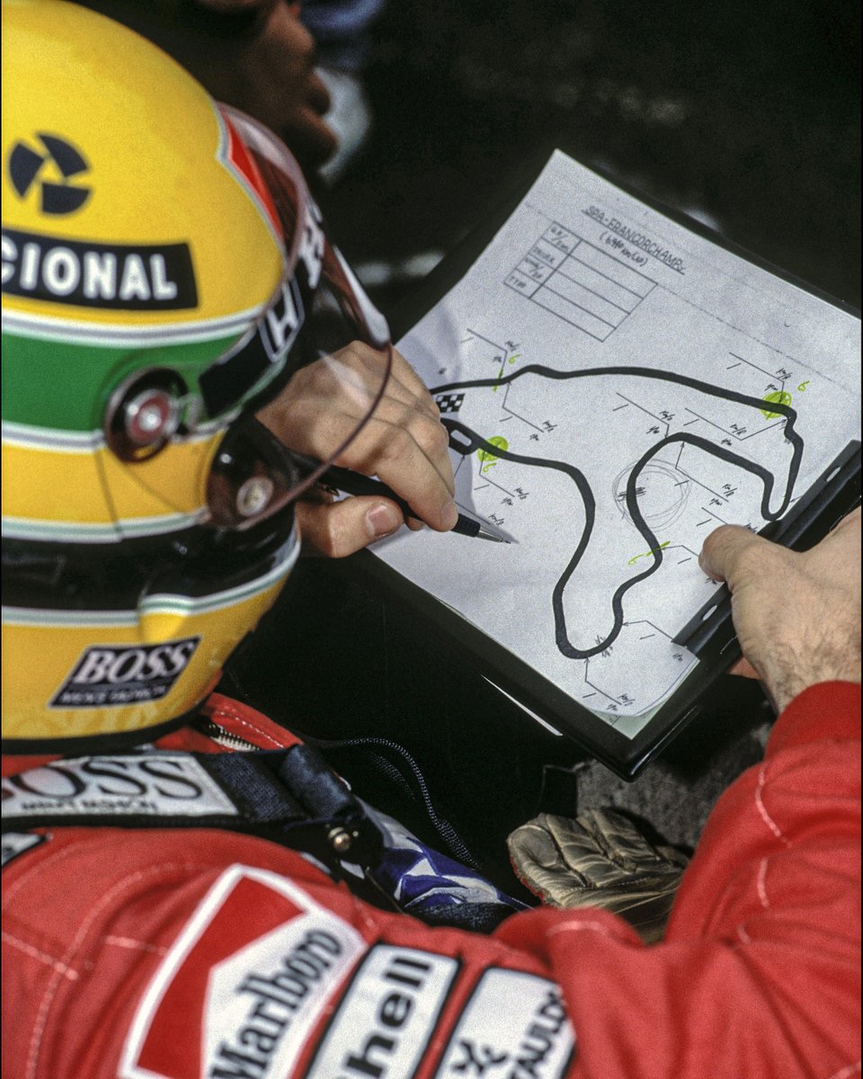 autosport's tweet image. Ayrton Senna making some last minute notes before heading out to tackle Spa in 1988 ✍️