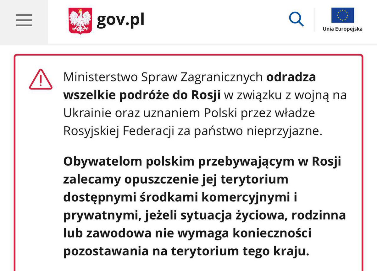 saintjavelin's tweet image. Poland urges its citizens to leave russia by all possible means — statement of the country's Ministry of Foreign Affairs
The agency also reminds: Poles who have dual citizenship and reside in the territory of the russian federation may be mobilized into the army.