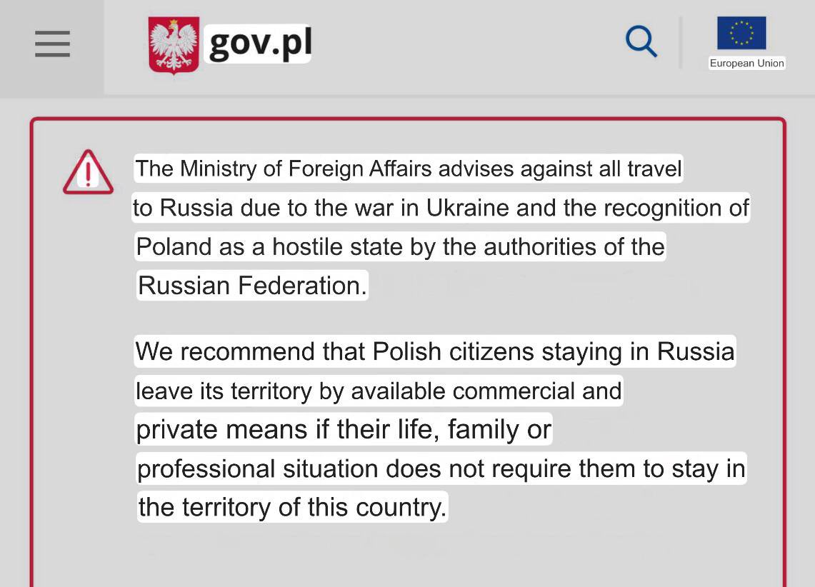 saintjavelin's tweet image. Poland urges its citizens to leave russia by all possible means — statement of the country's Ministry of Foreign Affairs
The agency also reminds: Poles who have dual citizenship and reside in the territory of the russian federation may be mobilized into the army.