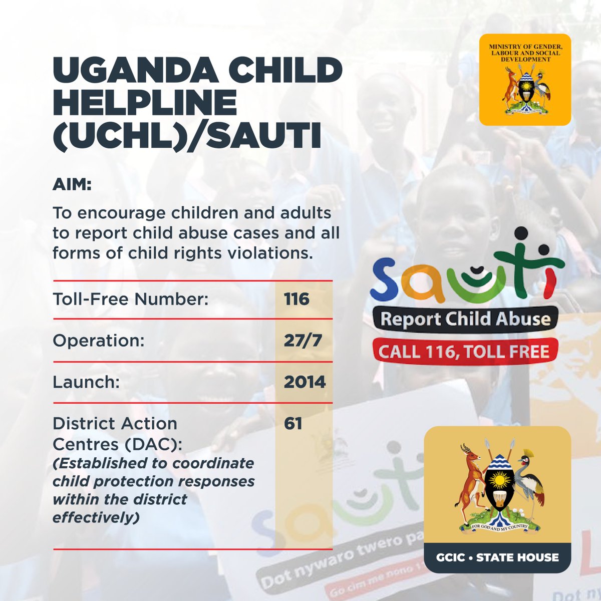 GCIC_SocialDevt's tweet image. Protecting our children is everyone's responsibility! Report concerns about child abuse or neglect to @sauti116 116. 📞
CC @Mglsd_UG @GCICUganda @GovUganda