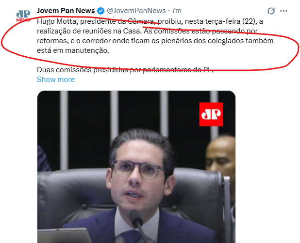 leandroruschel's tweet image. No que se transformou a Jovem Pan...
O novo aparelho de propaganda do regime está divulgando que a decisão de Hugo Motta, de fechar a Câmara, deve-se a "reformas". 🫢