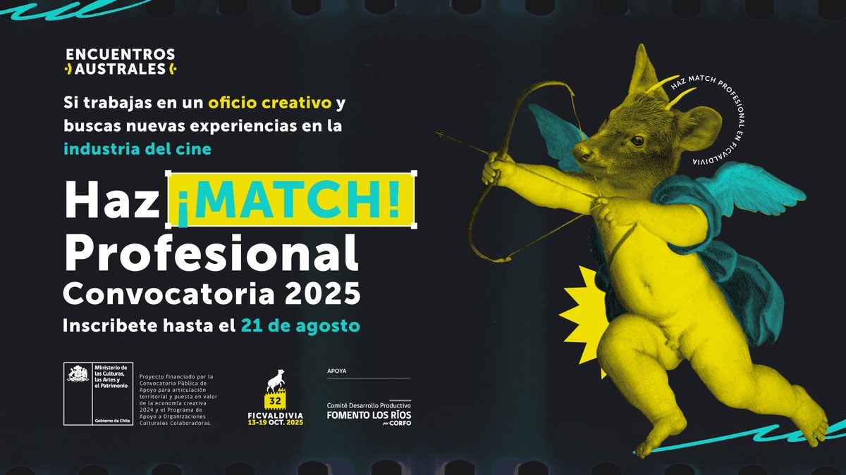 🎬 ¿Tienes un oficio o empresa creativa vinculada al cine y trabajas desde regiones?

💥 Postula a ¡MATCH! Profesional de FICValdivia: conecta, difunde tu trabajo y amplía redes en el 32° FICV

📅 Hasta el 21 de agosto
🔗 encuentrosaustrales.ficvaldivia.cl/convocatorias

#FICValdivia #CineChileno