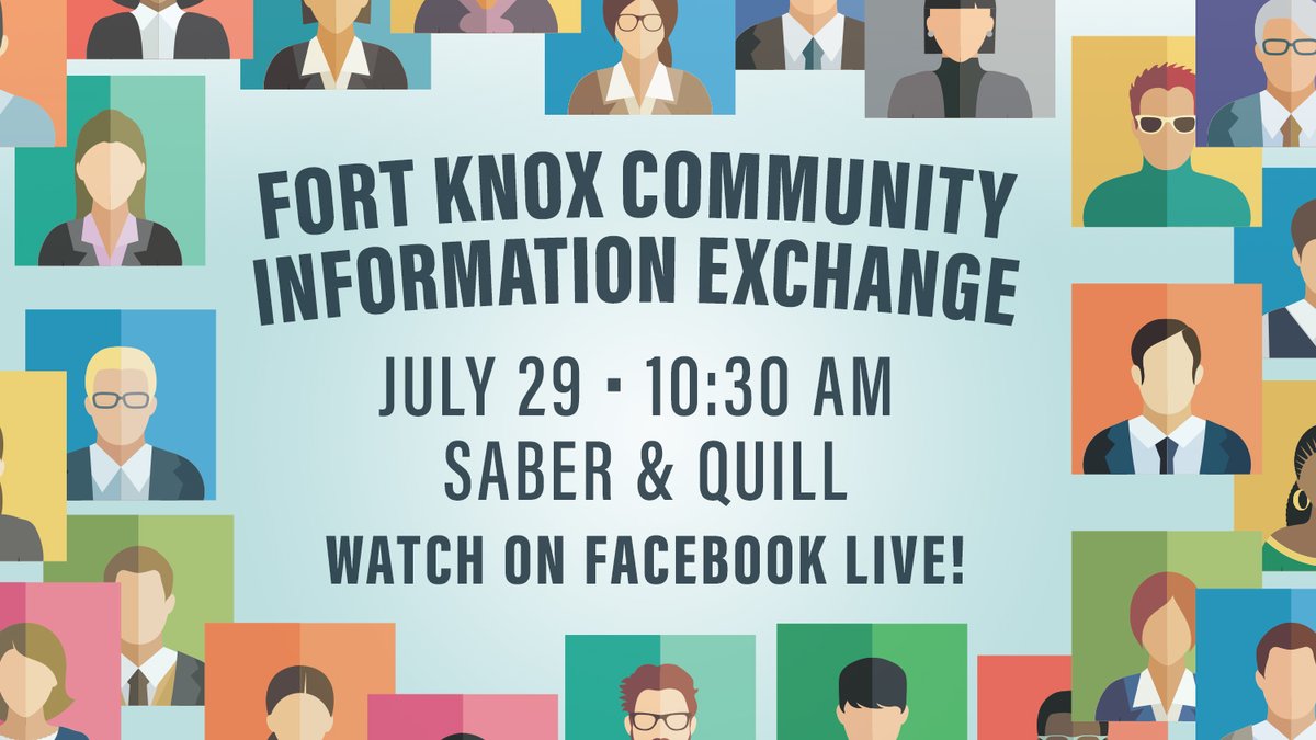 Join us next week for the Fort Knox Community Information Exchange. This session will also act as a town hall. 
 
 This is a great forum to learn about installation happenings as well as upcoming events and activities. See you there!