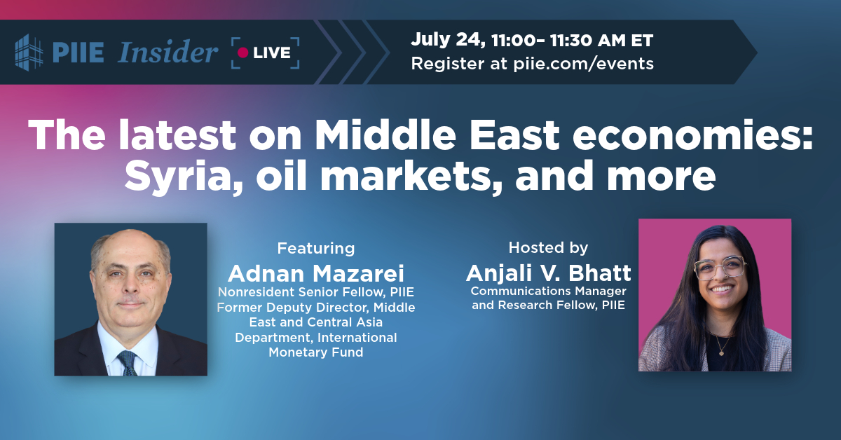 PIIE's tweet image. JULY 24: @AdnanMazarei joins PIIE Insider LIVE to discuss rebuilding Syria's economy, what's happening with oil markets in the Middle East, & more.
Info & register: piie.com/events/2025/la…