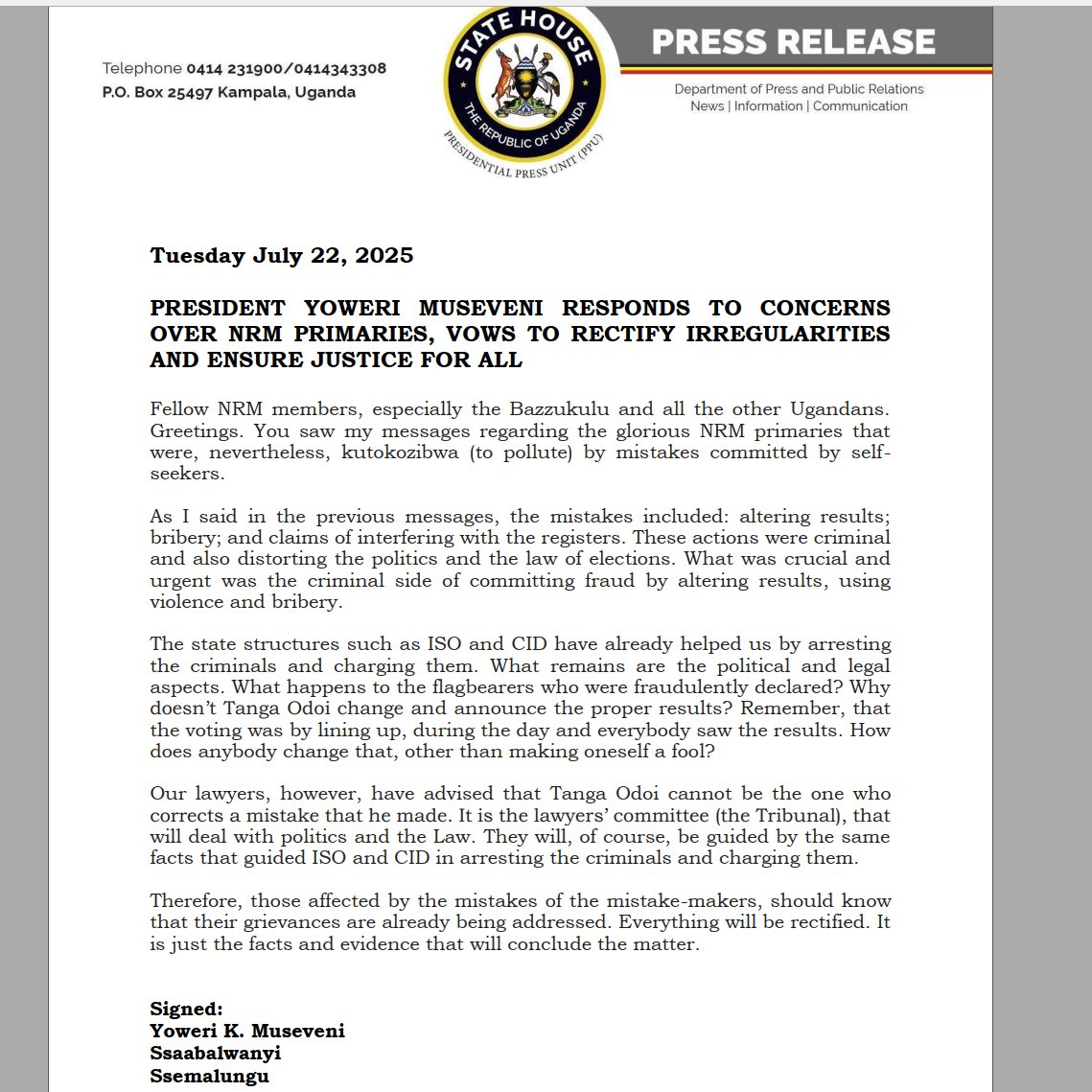 GovUganda's tweet image. President Museveni has pledged to address the irregularities observed in the recent @NRMOnline elections and ensure that all members who participated receive justice.
