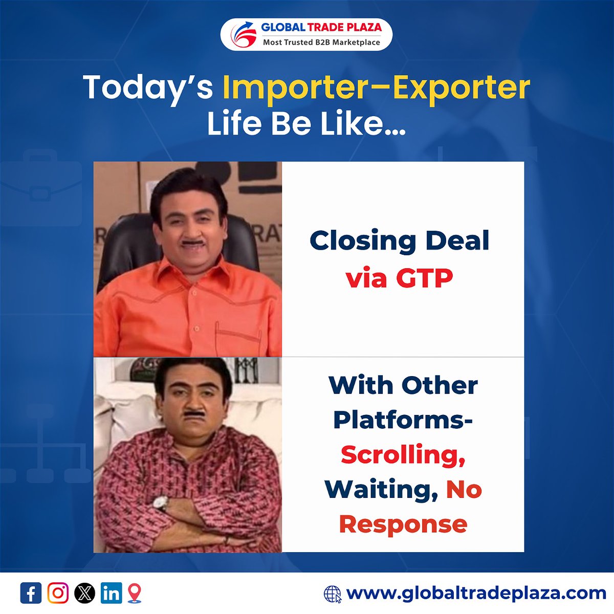 One smart move can change everything in global trade. With GTP, importers &amp; exporters connect fast—no more endless scrolling, just real #buyers, real deals &amp; real #growth.

JOIN NOW: globaltradeplaza.com/signup

#B2BPlatform #GlobalTradePlaza #ExportImport #B2BSuccess #Leads #Sellers