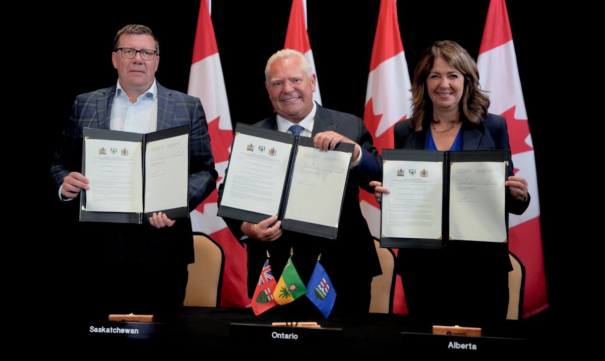 fordnation's tweet image. I was thrilled to join Premier @ABDanielleSmith of Alberta to extend our agreement to include @PremierScottMoe of Saskatchewan to build pipelines, rail lines and trade corridors to move Ontario critical minerals and Western Canadian oil and gas to new markets.
Together, we’re…