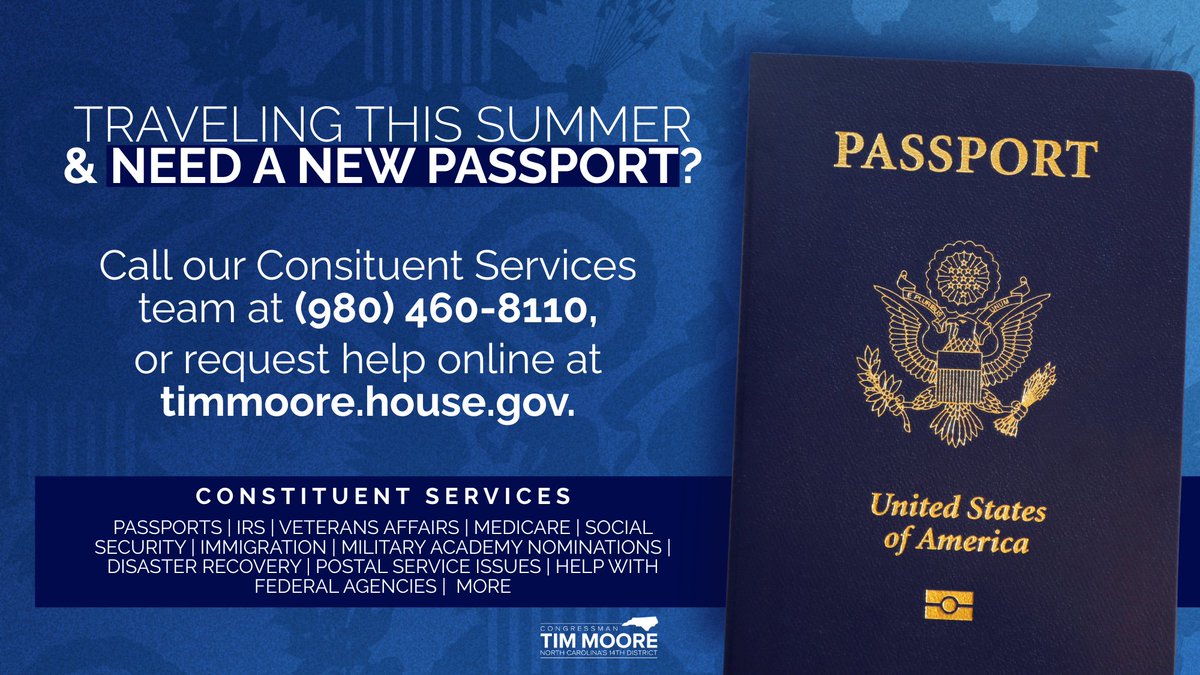 RepTimMooreNC's tweet image. Need a last-minute passport for summer travel? My office is here to help folks cut through federal red tape — whether it’s getting a new passport, tracking down a tax return, or securing VA benefits.
Reach out at (980)-460-8110 or timmoore.house.gov/help-federal-a….