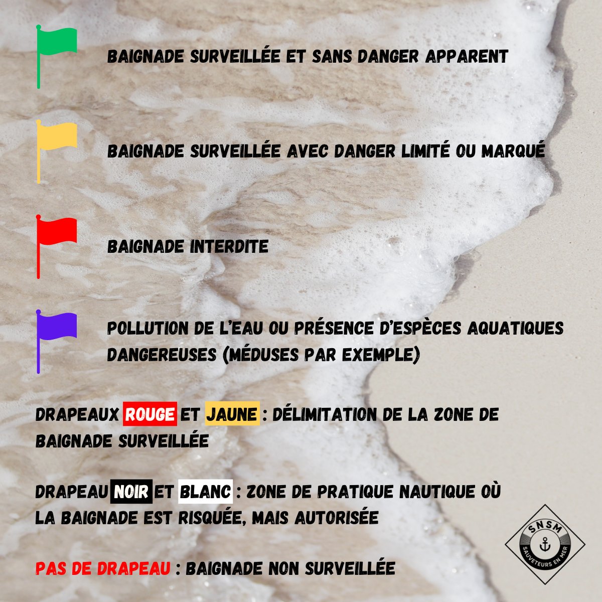 SauveteursenMer's tweet image. Les #conseils de l'#été ☀️ Avant de vous jeter à l’eau, vérifiez la couleur du drapeau en arrivant sur la plage 🏖️ Découvrez les significations des drapeaux et les conseils des #SauveteursenMer #SNSM pour profiter de vos vacances en toute tranquillité 💡 bit.ly/3PqkTo5