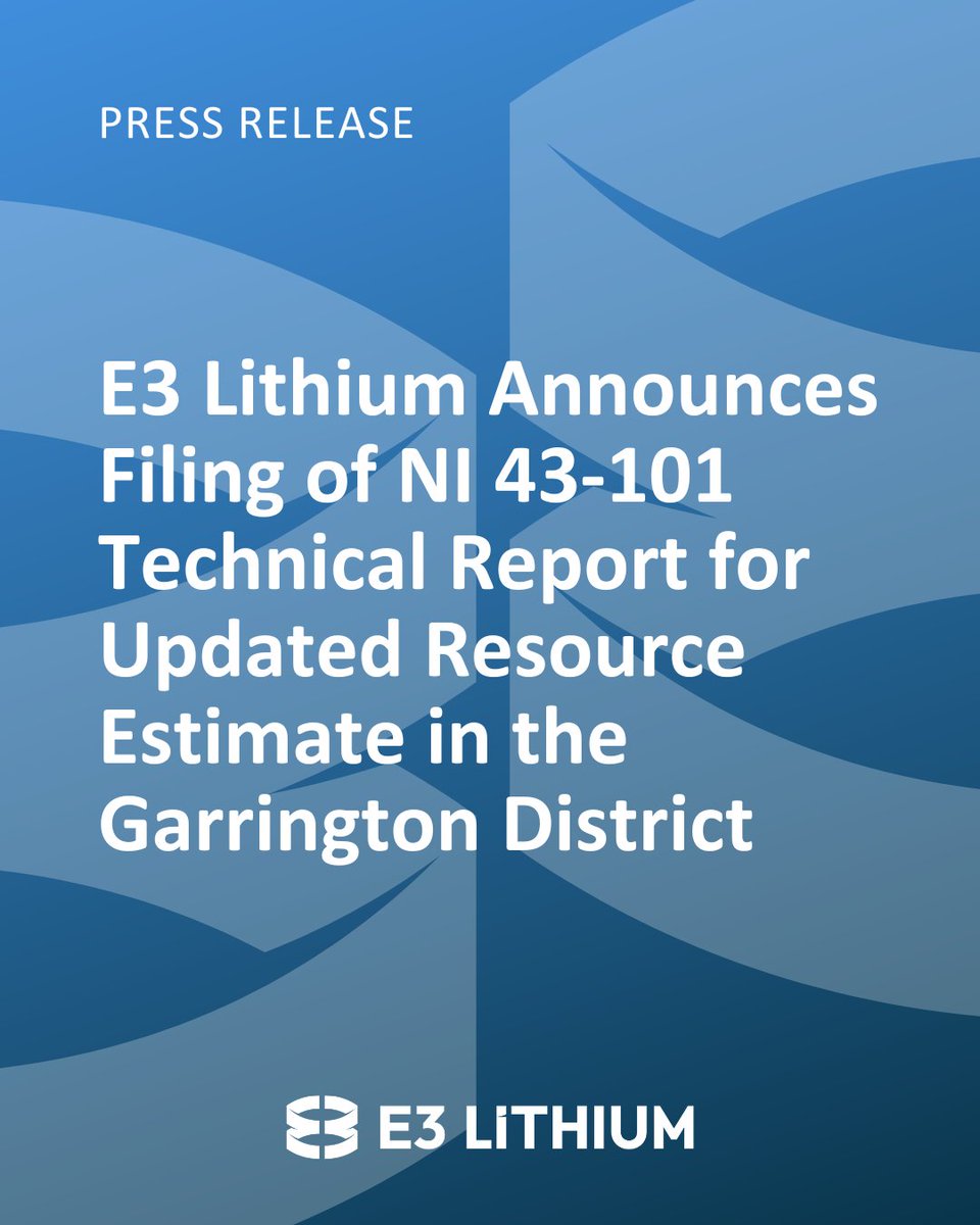 #LithiumNews – E3 Lithium is pleased to announce that it has filed a National Instrument 43-101 – Standards of Disclosure for Mineral Projects independent technical report for its Garrington District project in central Alberta.

The report confirms the previously disclosed 5.0 Mt