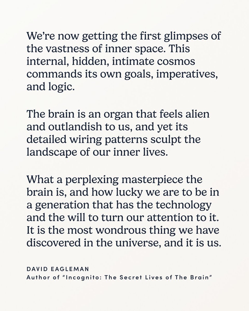 ariannahuff's tweet image. "We’re now getting the first glimpses of the vastness of inner space. This internal, hidden, intimate cosmos commands its own goals, imperatives, and logic."
That's from @davideagleman's great new book, "Incognito: The Secret Lives of the Brain."
I know there is a lot of…