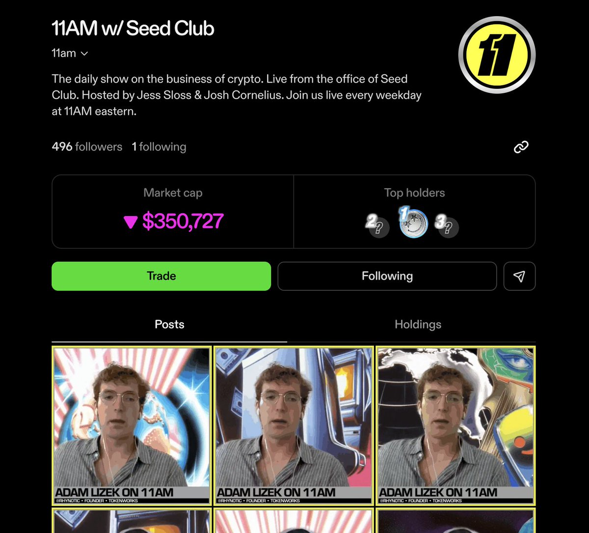 Cryptonative media with cryponative model: 

<a href="/11AMdotclub/">11AM w/ Seed Club</a> is a daily livestream by the Seed Club crew. It's at the same time everyday with people working on the ground in the crypto industry.

They have a <a href="/zora/">$zora</a> creator coin and are posting their best clips as they come out.