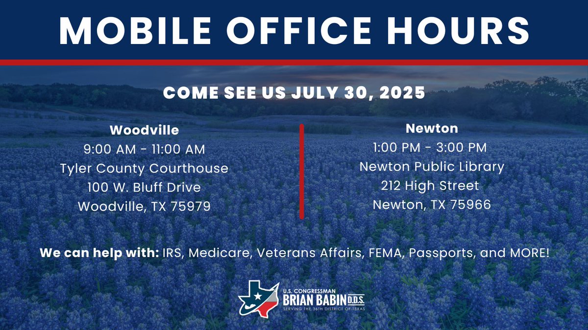 RepBrianBabin's tweet image. My office will be hosting mobile office hours on Wednesday, July 30th.
Whether you need assistance with a federal agency or something else, my team would love to help!