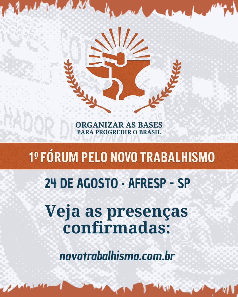 Garanta seu ingresso para o Fórum Pelo Novo Trabalhismo! O evento terá palestras e busca a reestruturação do nacionalismo brasileiro. 🇧🇷🌹  📍 AFRESP, São Paulo 🗓️ 24/08 - Domingo  sympla.com.br/evento/forum-p…