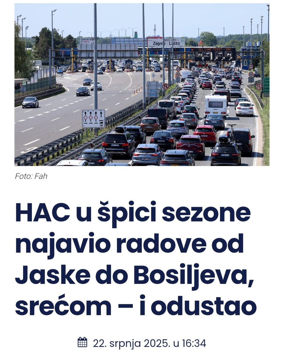 DraganaSok20147's tweet image. Hrvatske autoceste (HAC) odgodile su radove krpanja udarnih rupa na autocesti A1 na dionici od Jastrebarskog do Bosiljeva 2 što bi u špici turističke sezone uzrokovalo dodatne gužve.
Radovi su trebali krenuti danas i trajati ovaj tjedan do četvrtka te od sljedećeg ponedjeljka do…