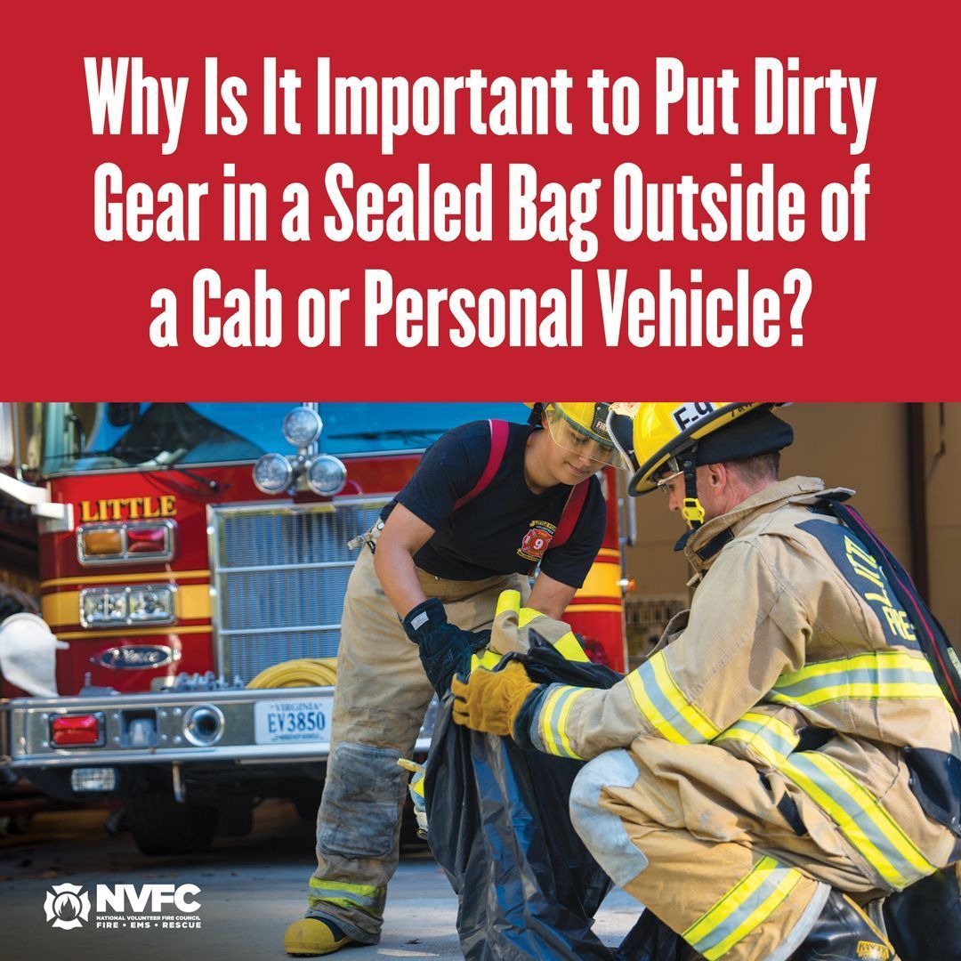 NVFC's tweet image. Gear exposed to harmful fireground chemicals can continue to off-gas, putting firefighters at risk if kept in the cab of a vehicle. Placing the PPE in a sealed bag or container separated from the firefighter eliminates this exposure risk.
Learn more at nvfc.org/lrr.