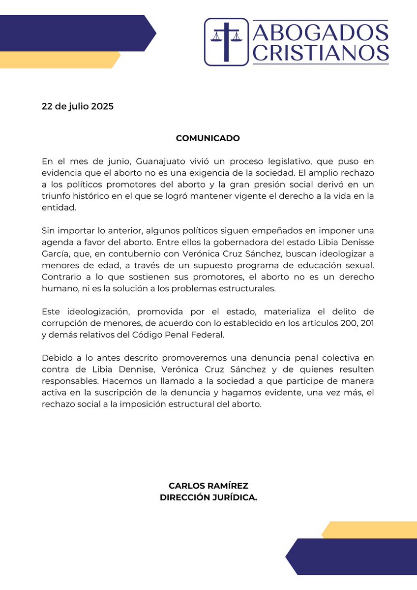 AbogCrist_mx's tweet image. 📢 A TODA LA SOCIEDAD GUANAJUATENSE
Desde Abogados Cristianos interpondremos una denuncia penal colectiva en contra de la Gobernadora @LibiaDennise y Verónica Cruz Sánchez y de quienes resulten responsables por el delito de corrupción de menores.
Atentos✍️.