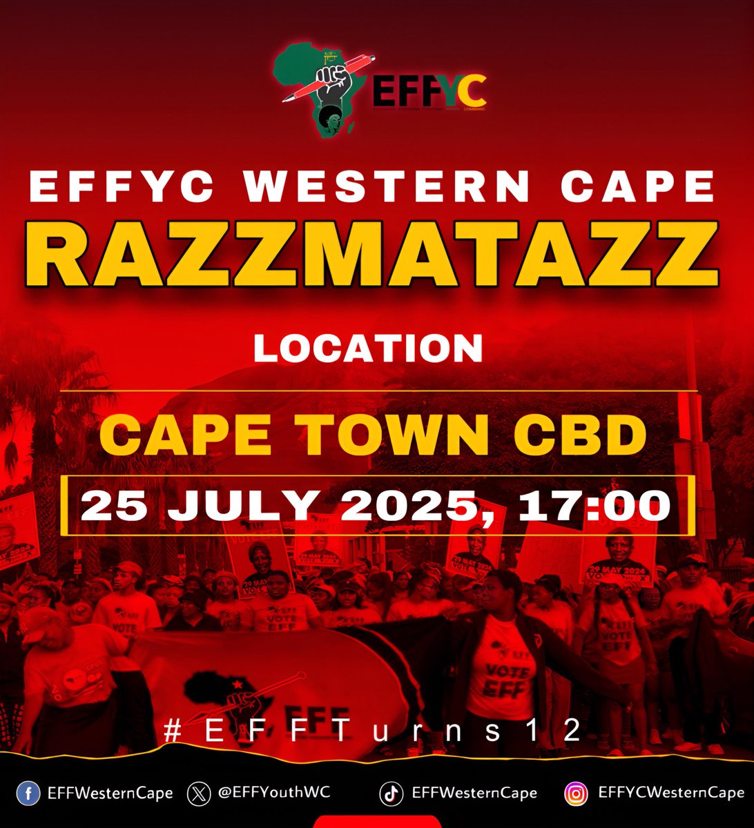 EFFYouthWC's tweet image. ♦️Happening Friday♦️
EFF Youth Command Western Cape is inviting all the Youth of Western Cape to join us on a Mass Razzmatazz happening Friday in Cape Town. Meeting point is CPUT District 6, Cape Town. Siyaya eKhayelitsha Siyaya ✊🏾
#EFFTurns12
