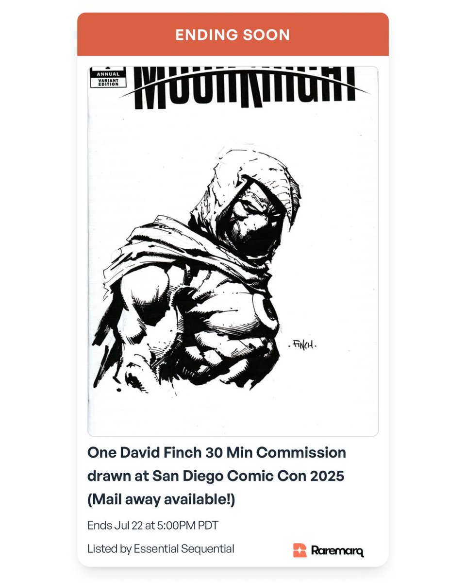 raremarq's tweet image. Last chance to bid! Two incredible SDCC commission opportunities from our friends at @sequenceart are ending today — one by the legendary Art Adams and another by the amazing @DFinchArtist !
raremarq.com/u/essentialseq…
#artadams #davidfinch #raremarq #essentialsequential #sdcc2025