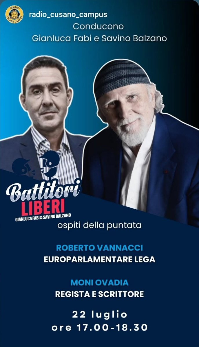 SavinoBalzano's tweet image. A tra poco, con Moni Ovadia e @RoVannacci.
#BattitoriLiberi #RadioCusano