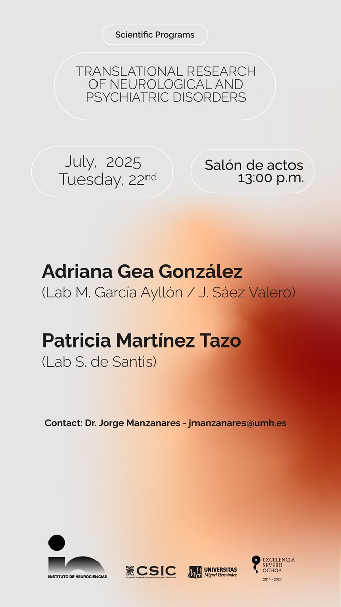 NeuroAlc's tweet image. Today, the #IN_ResearchProgram ‘Translational research of neurological and psychiatric disorders’ has offered a new scientific seminar featuring presentations by PhD students Adriana Gea González (Lab M. García Ayllón / J. Sáez Valero) and @PMartinezTazo (@LabMri ) 👏👏👏