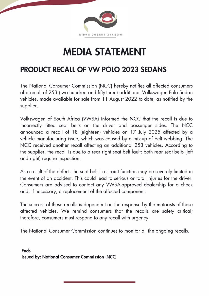 TheNCC_RSA's tweet image. Product Safety Recall: 253 VW Polo Sedans Recalled for Safety Concerns. Your Safety Comes First.
@PhethoN @the_dtic