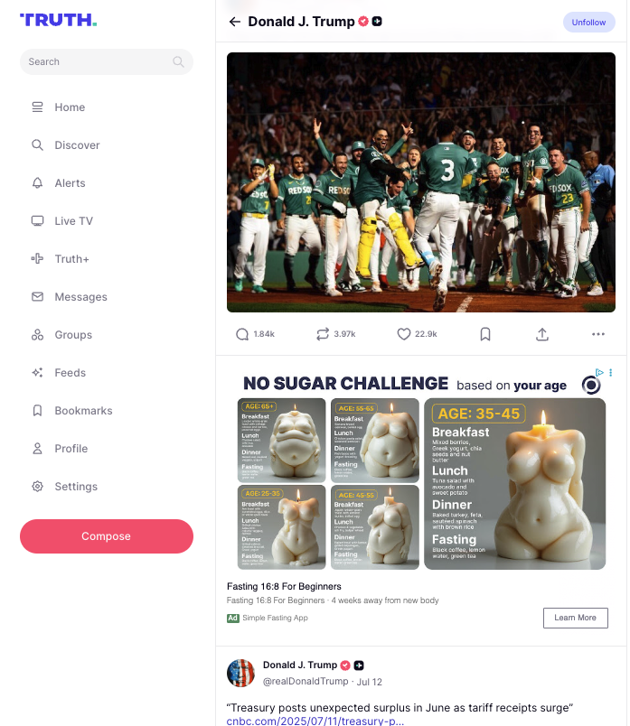 Rick Newman (@rickjnewman) on Twitter photo Algo breakdown? Or purposeful misdirection?
Trump wants Coke $KO to start using real sugar yet there's a no-sugar ad running in <a href="/realDonaldTrump/">Donald J. Trump</a> 's Truth Social feed Algo breakdown? Or purposeful misdirection?
Trump wants Coke $KO to start using real sugar yet there's a no-sugar ad running in <a href="/realDonaldTrump/">Donald J. Trump</a> 's Truth Social feed