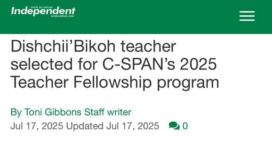 SenMarkKelly's tweet image. Congrats to Jeron Velasco of Dishchii'Bikoh Community School in Cibecue for being one of five C-SPAN Teacher Fellows in 2025!
As a history teacher, Jeron is educating the next generation of Arizonans, and I’m proud he’ll be collaborating with C-SPAN to create learning resources…