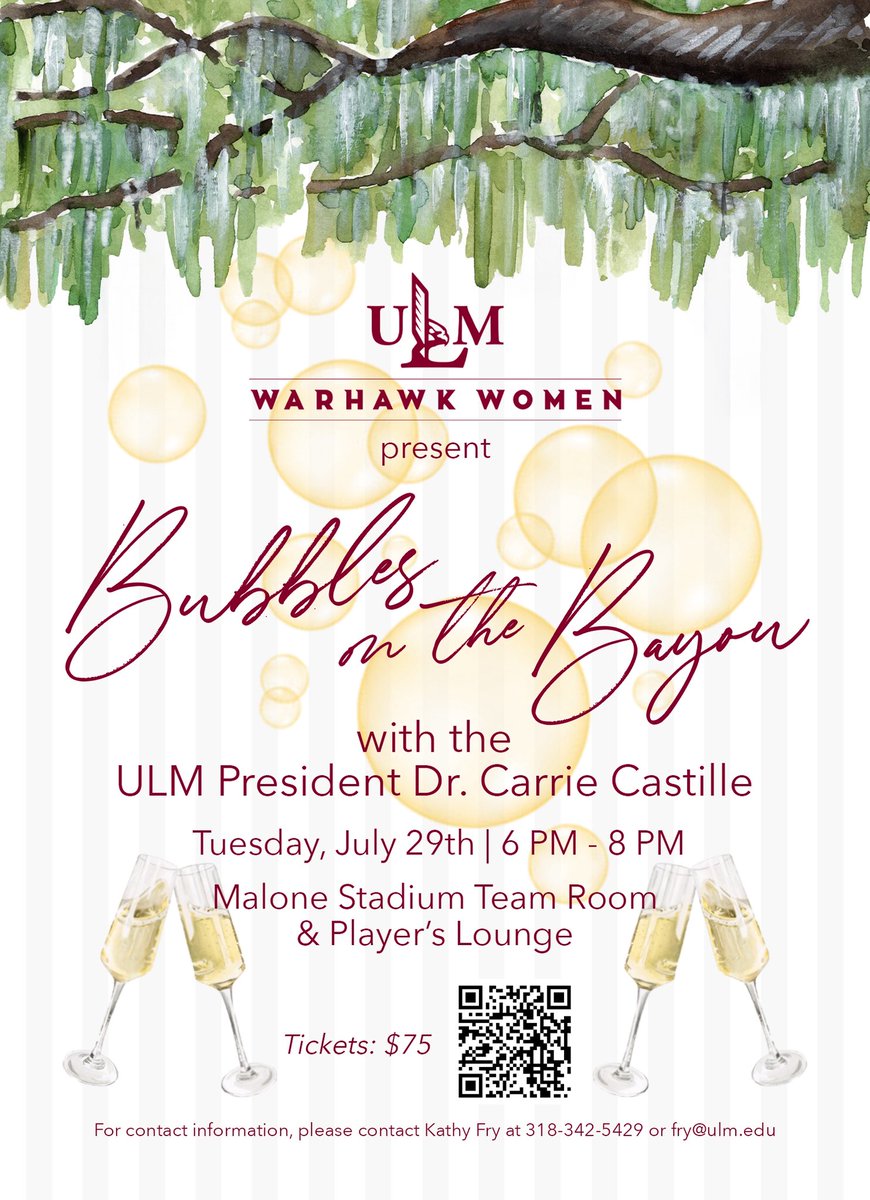 ULM Warhawks (@ulmwarhawks) on Twitter photo We are one week out from Bubbles on the Bayou with <a href="/CarrieCastille1/">Carrie Castille</a> and <a href="/ULM_FB/">ULM Football</a>, presented by Warhawk Women!
This ladies night out with the Warhawks will feature food, drinks, and a chance to win prizes from area boutiques and spas.
๐ฅ๐๏ธ: bit.ly/44Juzlk We are one week out from Bubbles on the Bayou with <a href="/CarrieCastille1/">Carrie Castille</a> and <a href="/ULM_FB/">ULM Football</a>, presented by Warhawk Women!
This ladies night out with the Warhawks will feature food, drinks, and a chance to win prizes from area boutiques and spas.
๐ฅ๐๏ธ: bit.ly/44Juzlk